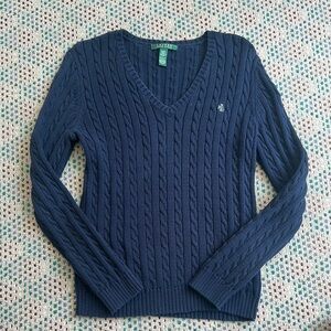 Lauren Ralph Lauren 100% Cotton Navy Blue V-Neck Cable Knit Sweater Womens M